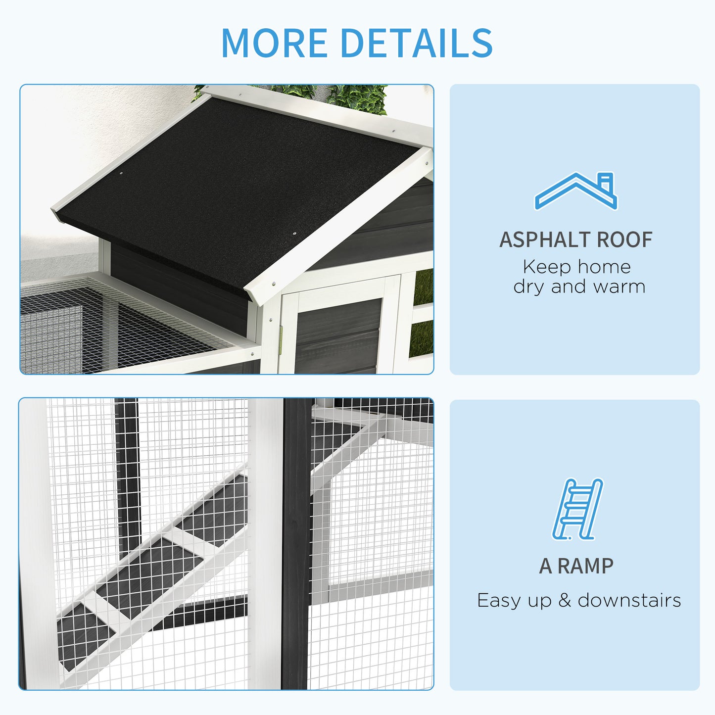 PawHut 48" Wooden Rabbit Hutch Bunny Cage with Waterproof Asphalt Roof, Fun Outdoor Run, Removable Tray and Ramp, Grey