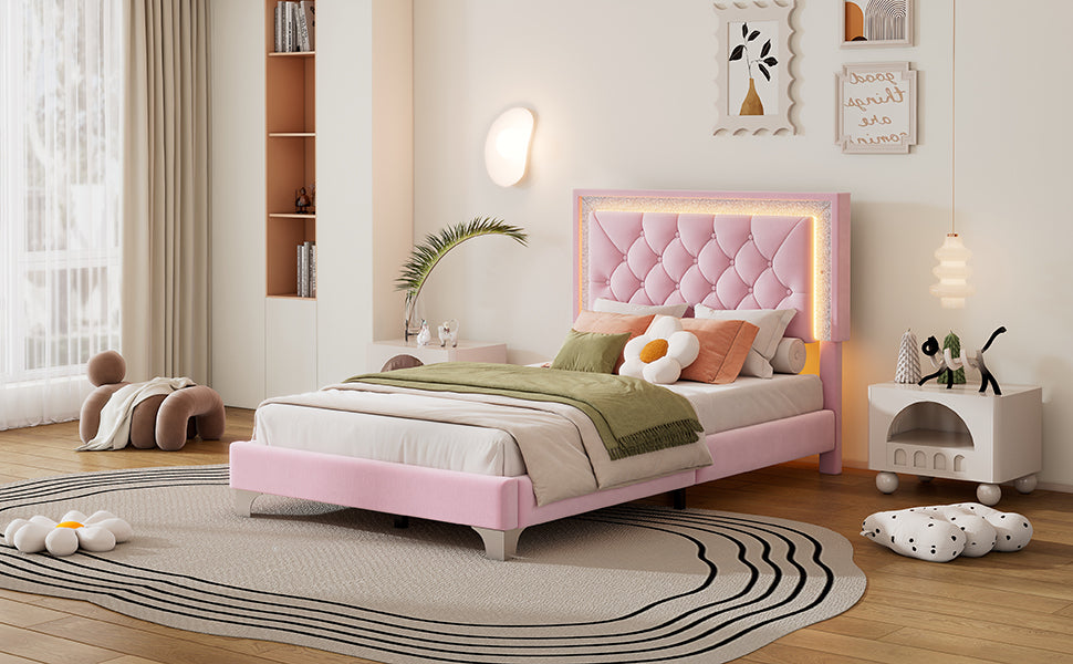 Twin Size Upholstered Bed Frame with LED Lights,Modern Velvet Platform Bed with Tufted Headboard,Pink