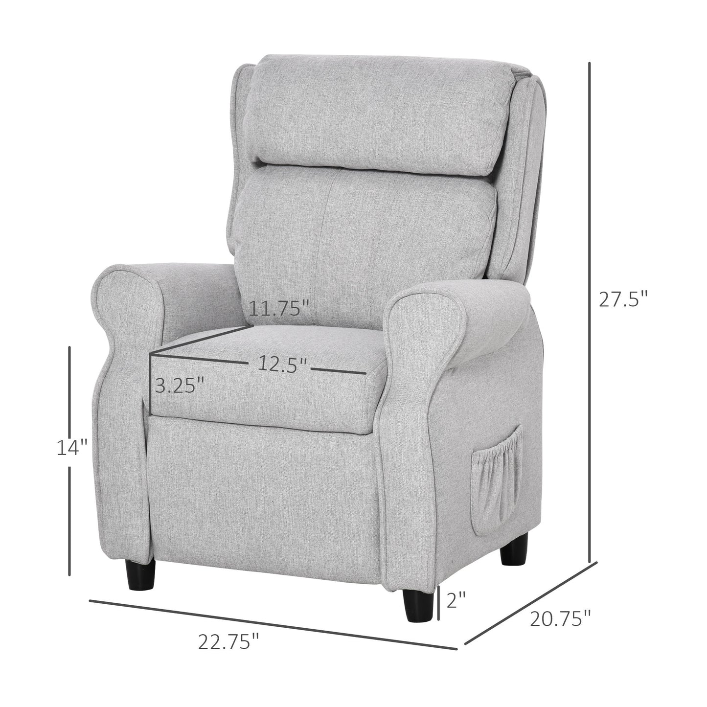 Qaba Kids Recliner Chair Children Sofa Angle Adjustable Single Lounger Armchair Gaming Chair with Footrest 2 Side Pockets for 3-5 Years, Light Grey