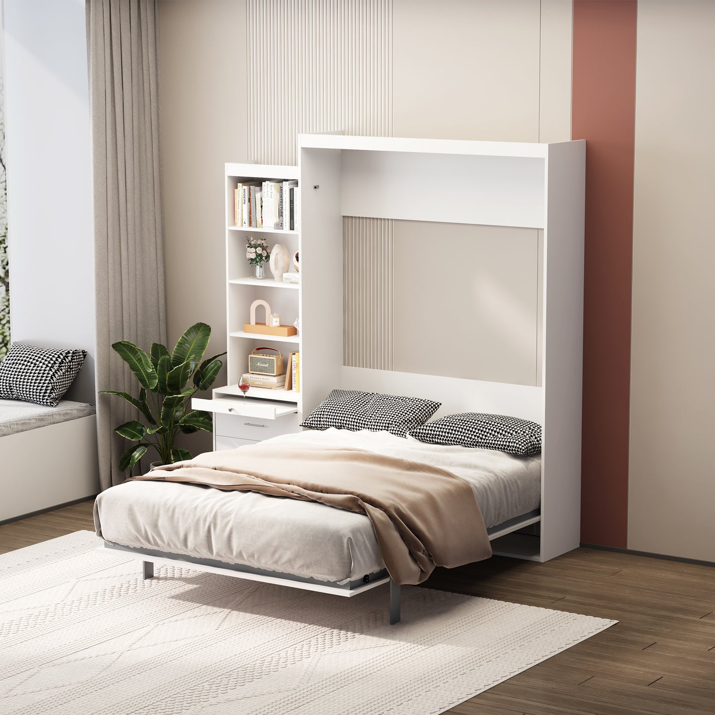 Full Size Vertical Murphy Bed with Shelf and Drawers for Bedroom or Guestroom White Wall Bed Space Saving Hidden Bed, updated Gas Strut design.