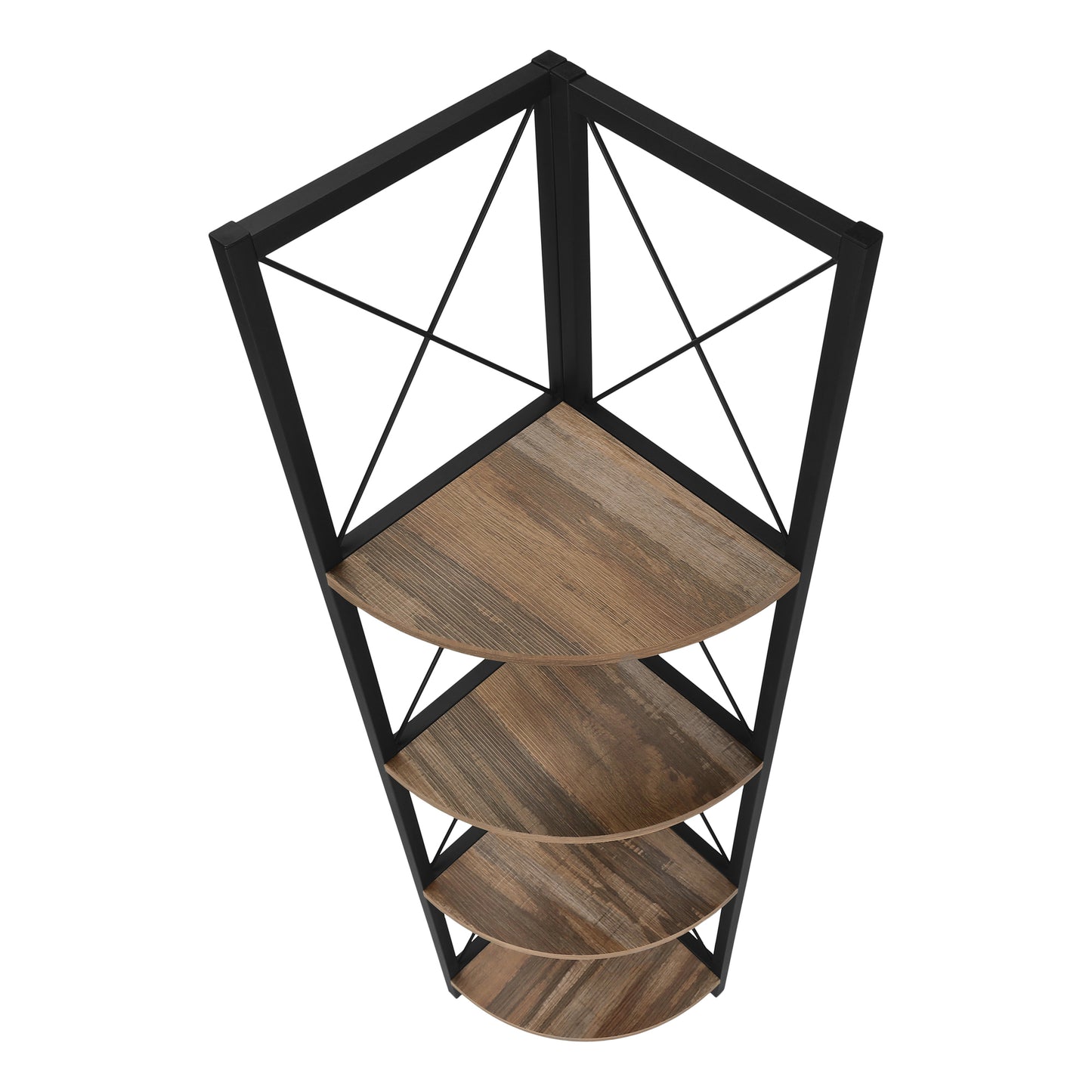 Bookshelf, Bookcase, Etagere, Corner, 4 Tier, 60"h, Office, Bedroom, Brown Laminate, Black Metal, Contemporary, Modern