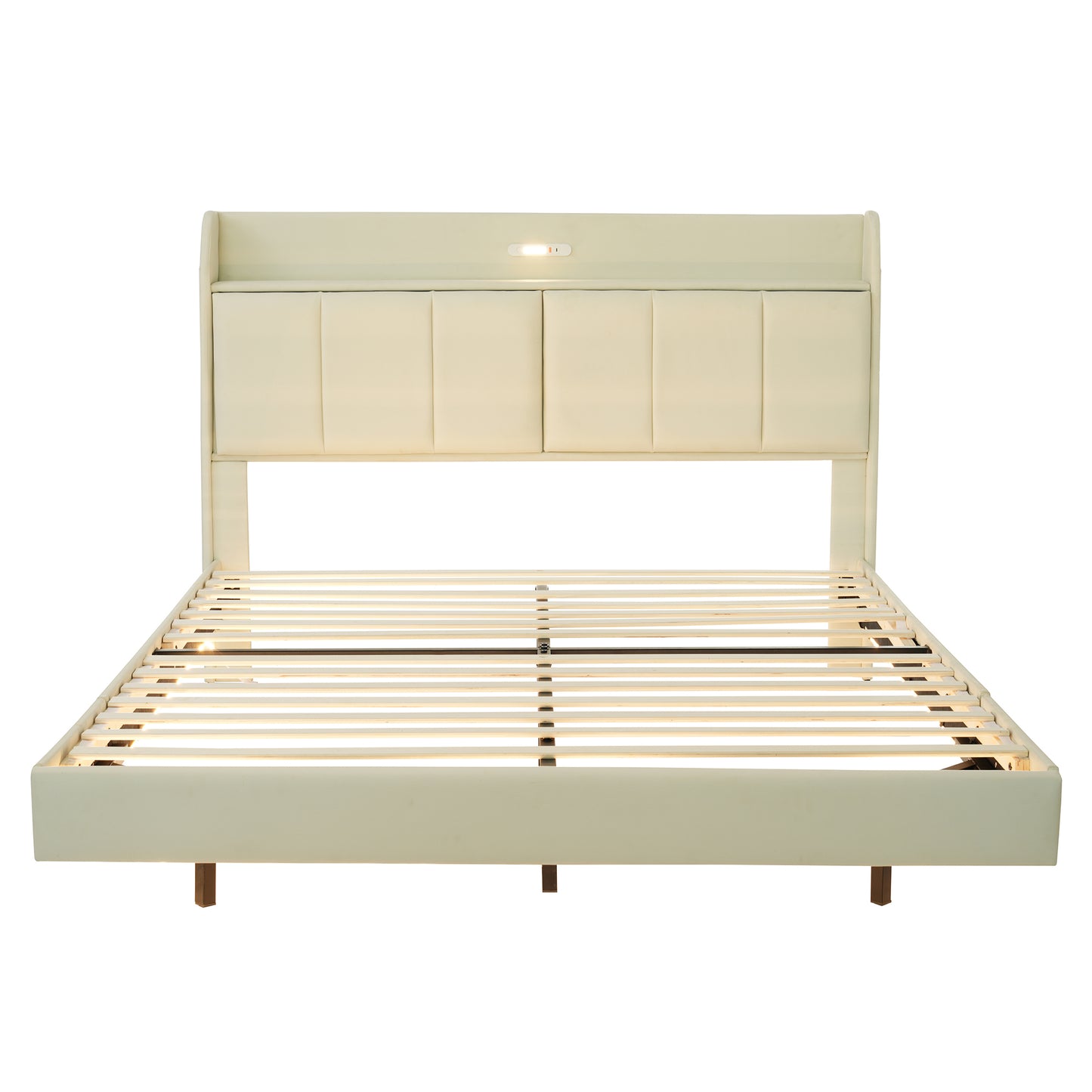 Queen Size Floating Bed Frame with Storage Headboard, Modern Upholstered Platform Bed with Touch Sensor Night Light and USB Charger, Beige