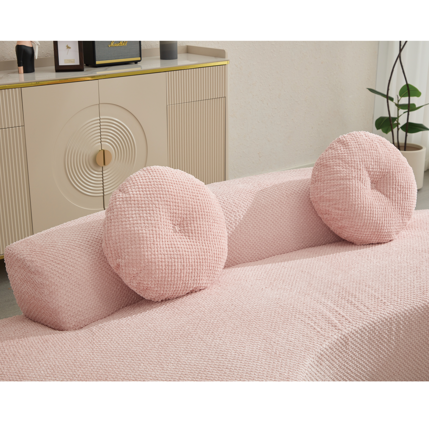 [NEW ARRIVED] [VIDEO PROVIDED]105.5''Curved Sofa, Modern Minimalist Sofa, Cloud Couch Sofa 3-4 Seater Couch with 2 Pillows,Bedroom,  No Assembly Required, Point-shaped corduroy,(Anti-Wrinkle) ,Pink