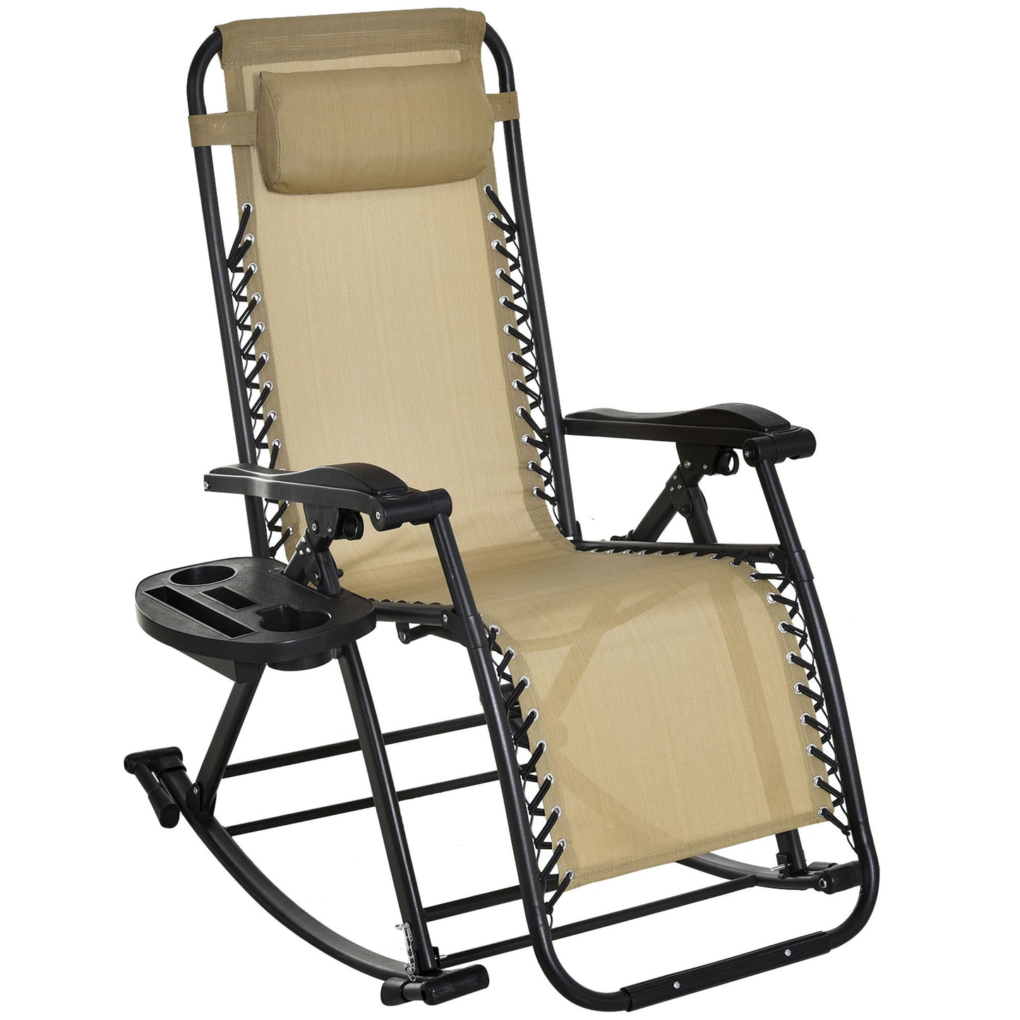 Outsunny Outdoor Rocking Chairs, Foldable Reclining Zero Gravity Lounge Rocker w/ Pillow, Cup & Phone Holder, Combo Design w/ Folding Legs, Beige