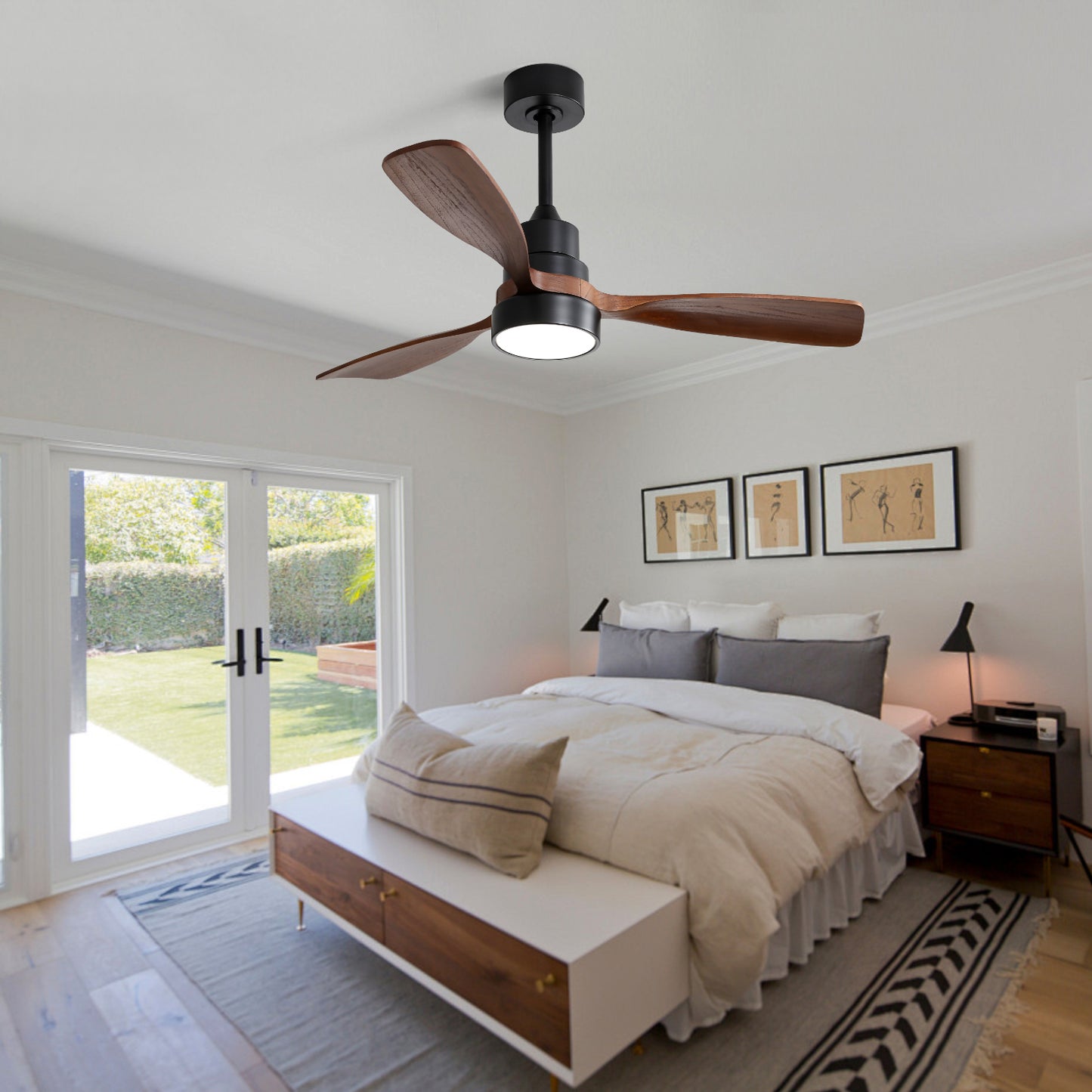 48 Inch Modern Ceiling Fan With Lights 3 Wood Fan Blade Noiseless Reversible Motor Smart Remote Control