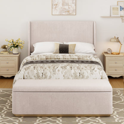 King Size Corduroy Upholstered Bed Frame with 130L Storage Ottoman, and Vertical Stripe Wingback Headboard and High Footboard, Pink