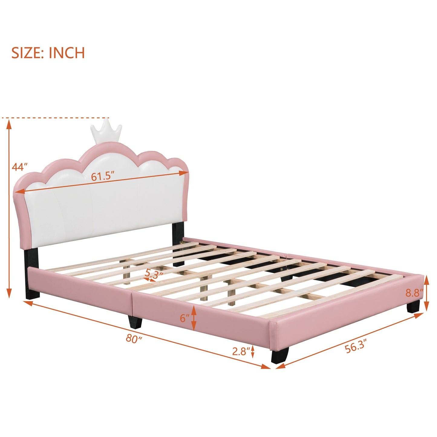 Full size Upholstered Princess Bed With Crown Headboard,Full Size Platform Bed with Headboard and Footboard, White+Pink