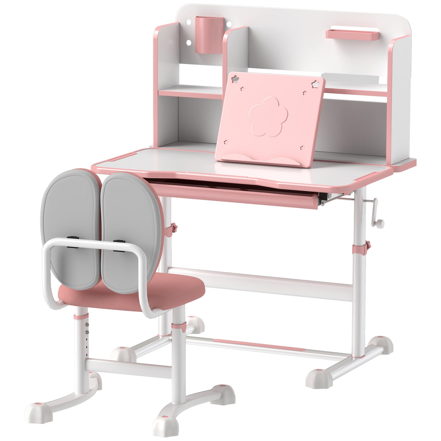 Qaba Kids Desk and Chair Set, Height Adjustable Kids School Study Desk and Chair Set with Tilt Desktop, Storage Drawer and Reading Rack for Writing, Reading and Drawing, Pink