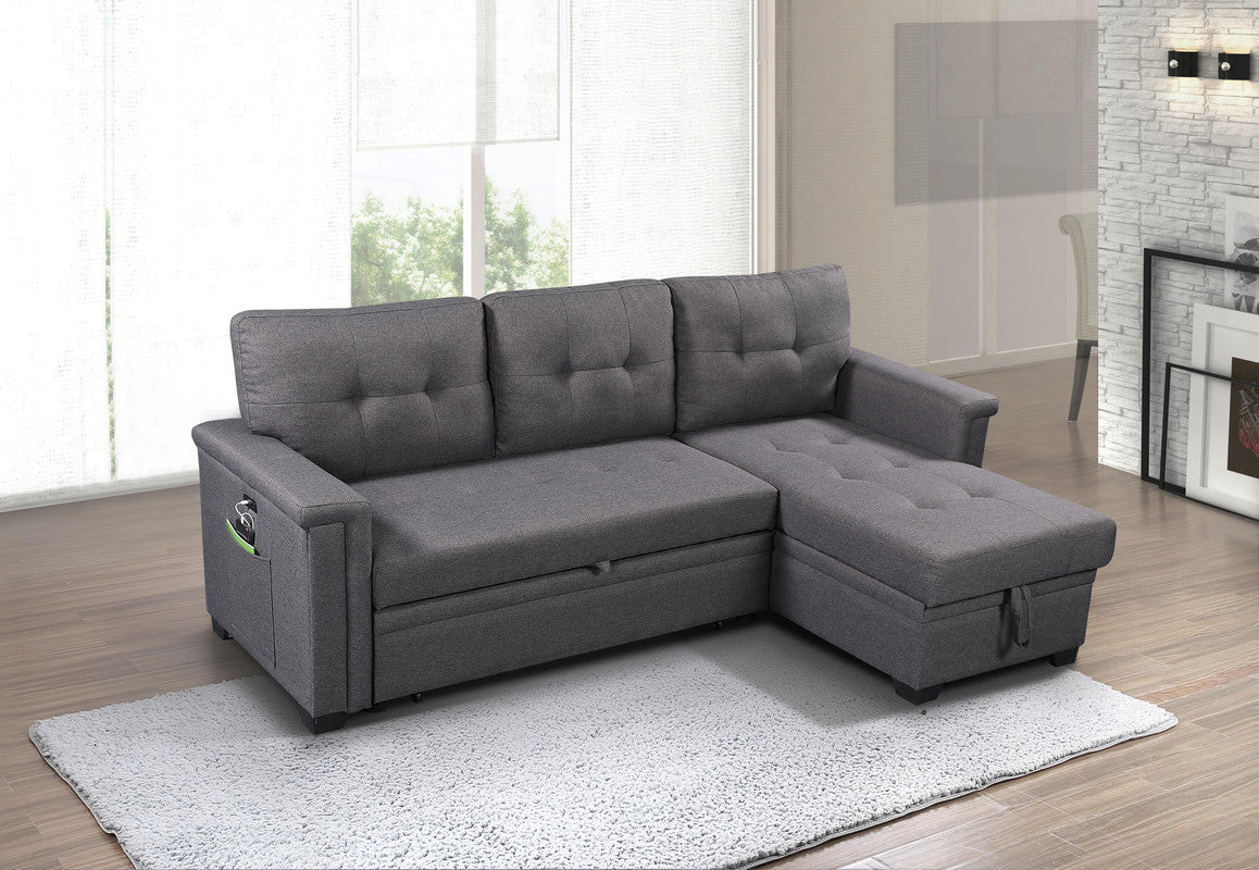 Ashlyn 84" Dark Gray Reversible Sleeper Sectional Sofa with Storage Chaise, USB Charging Ports and Pocket