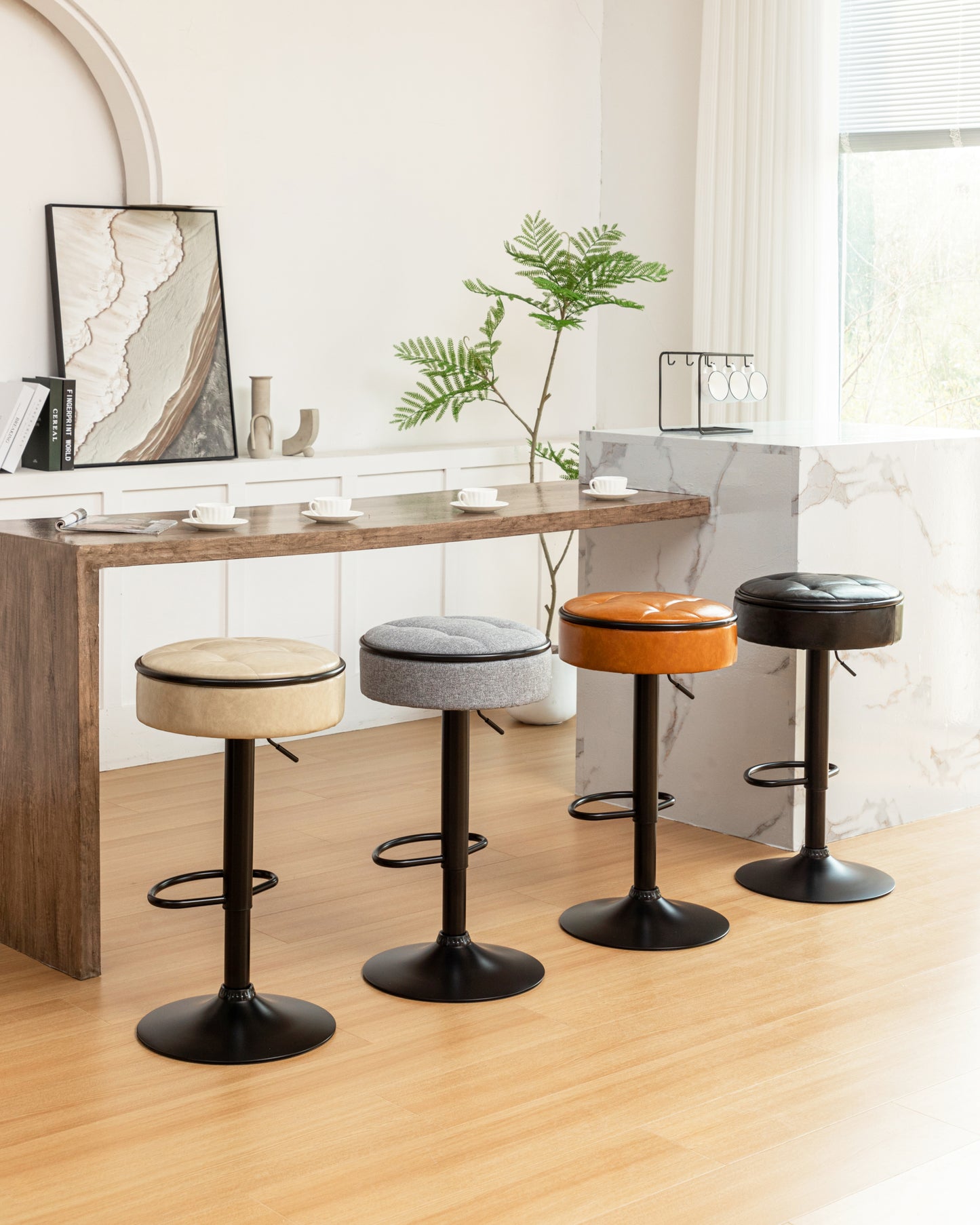 Round Storage Bar Stool Set of 2, Black Faux Leather Height Adjustable Barstool, 360°Counter Height Swivel Stool, Armless Bar Chair with Metal Frame for Kitchen Counter Dining Living Room