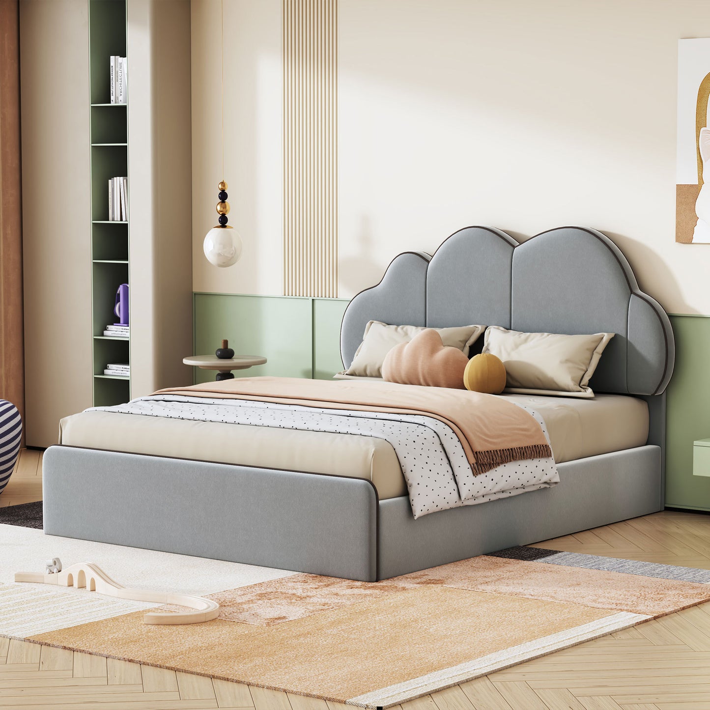 Queen size Upholstered Platform Bed with Cloud-shaped Headboard, Gray