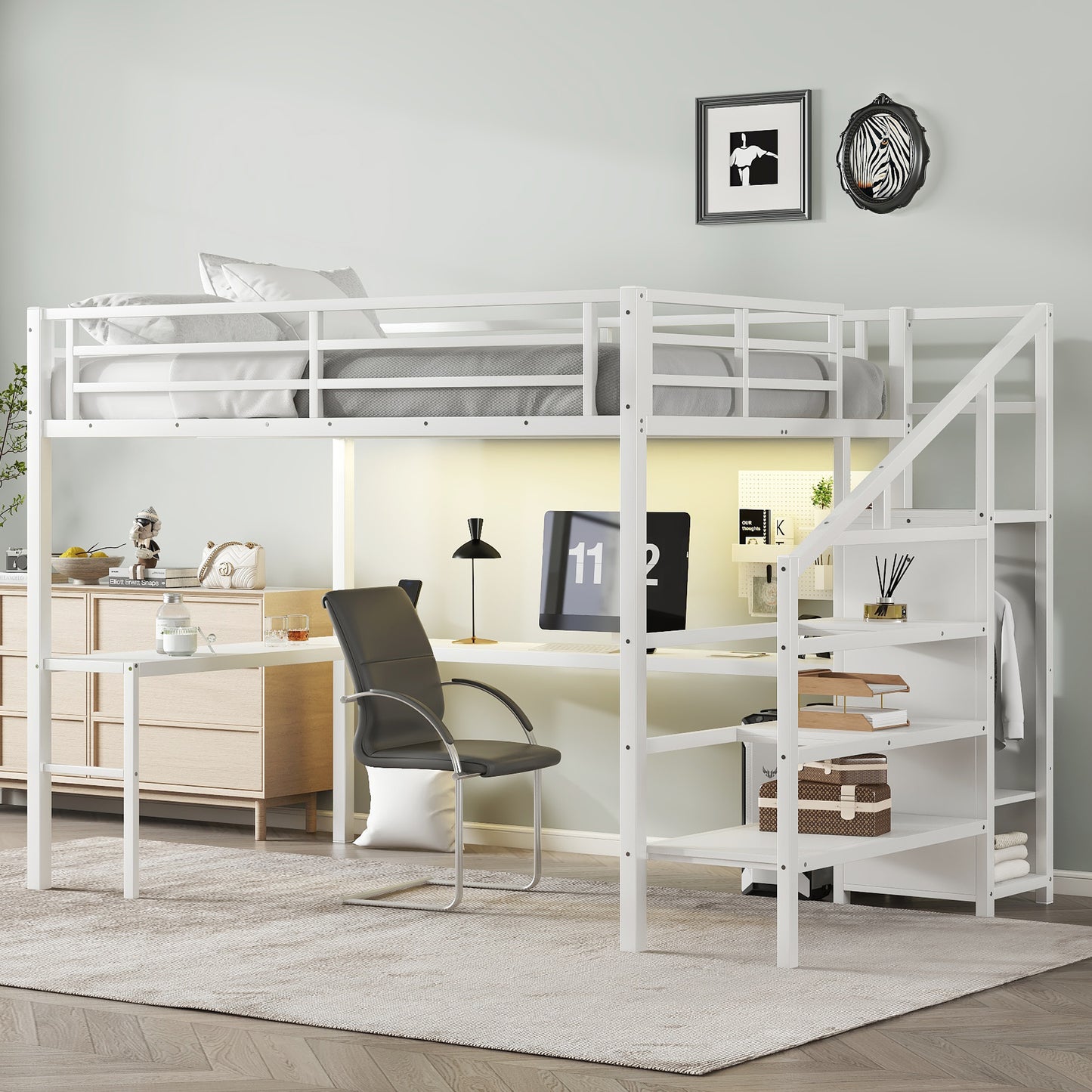 Queen Size Loft Bed with L-shaped Desk and USB, Metal Loft Bed with Wardrobe and Adjustable Shelf, High Loft Bed with LED for Kids Teens Adults, White
