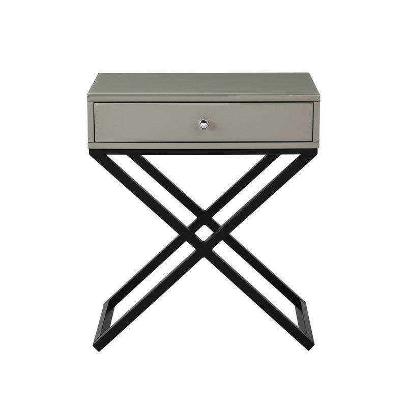 Koda 23" Taupe Wooden End Side Table Nightstand with Glass Top, Drawer and Metal Cross Base
