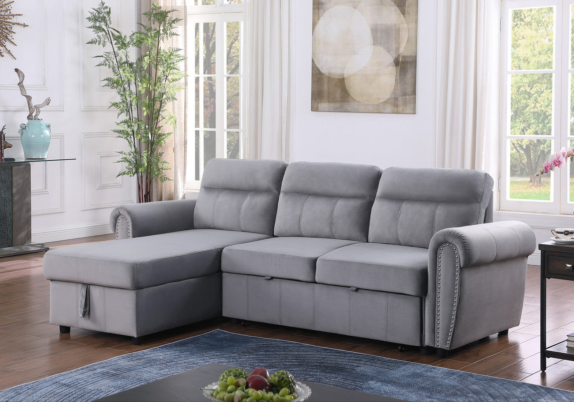 Ashton 96.5" Gray Velvet Fabric Reversible Sleeper Sectional Sofa Chaise