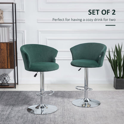 HOMCOM Adjustable Bar Stools Set of 2, Velvet Upholstered Kitchen Stool, Swivel Counter Height Barstool with Footrest for Dining Room, ‎Dark Green