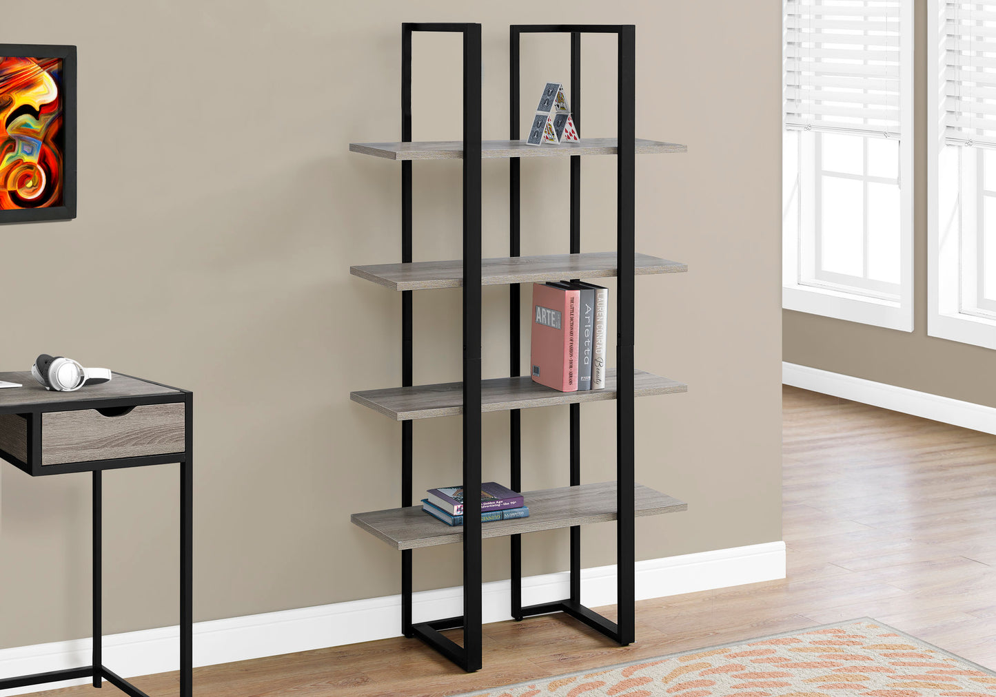 Bookshelf, Bookcase, Etagere, 4 Tier, 60"h, Office, Bedroom, Brown Laminate, Black Metal, Contemporary, Modern