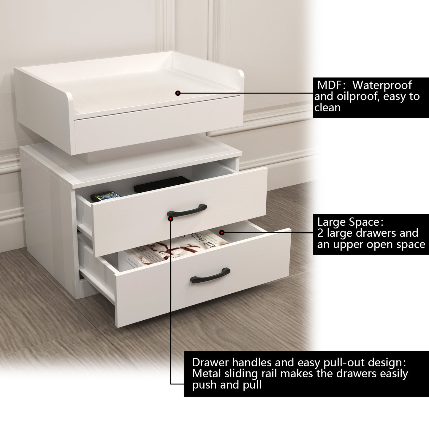 1 Set Nightstand with Adjustable LED Strip Light, 2-drawers, Large Storage Space, Suitable for Bedside Table, Coffee Table, Sofa Side Table or End Table for Study Desk