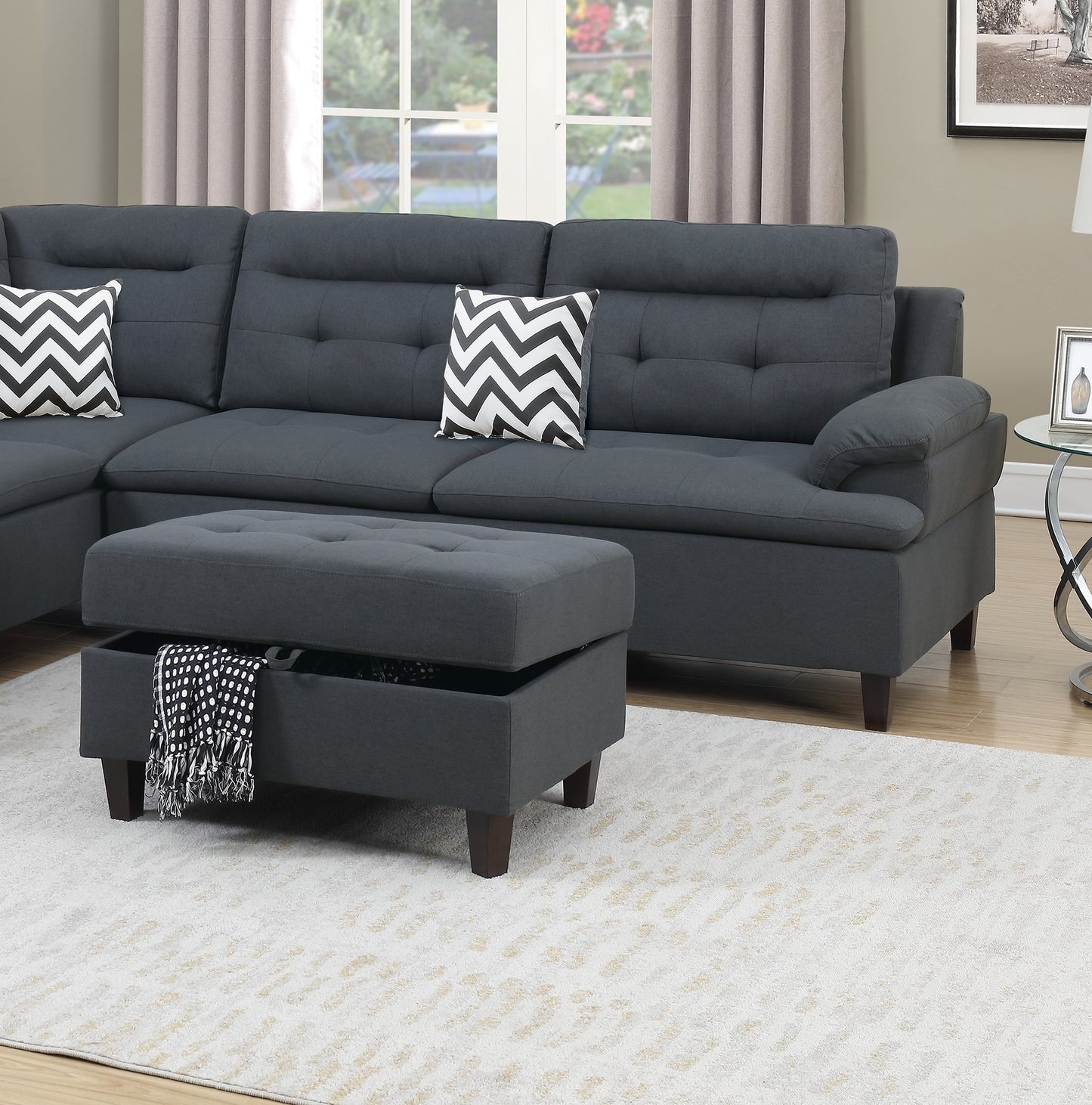 Living Room Furniture Charcoal Cushion Sectional w Ottoman Linen Like Fabric Sofa Chaise