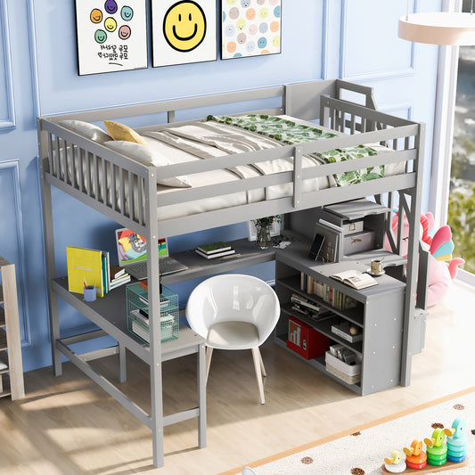 Full Size Loft Bed with Built-in L-Shaped Desk and Three-Tier Storage Shelves,and Attached Storage Staircase,Gray(Old SKU: GX001809AAE)