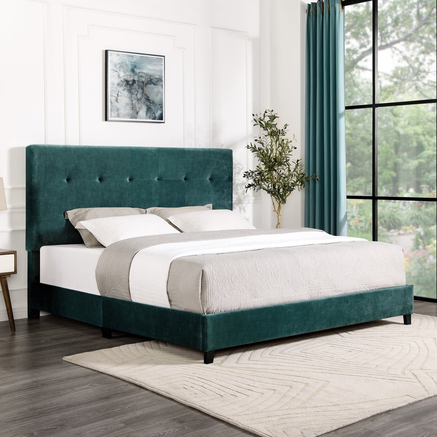 King Size Green Velvet Tufted Upholstered Platform Bed