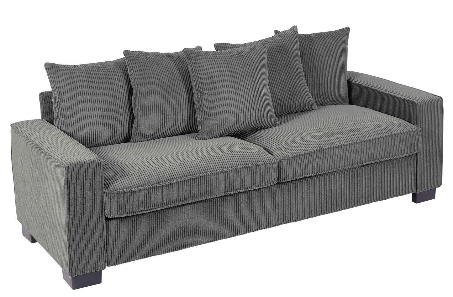 Luxe Corduroy Sofa with 5 Matching Toss Pillows, Sleek Design, Spacious and Comfortable 3 Seater Couch for Modern Living Room, Large, Grey