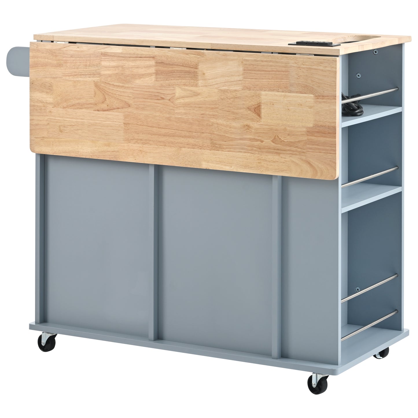 Kitchen Island with Power Outlet,Kitchen Storage Island with Drop Leaf and Rubber Wood,Open Storage and Wine Rack,5 Wheels,with Adjustable Storage for Home, Kitchen, and Dining Room, Grey Blue