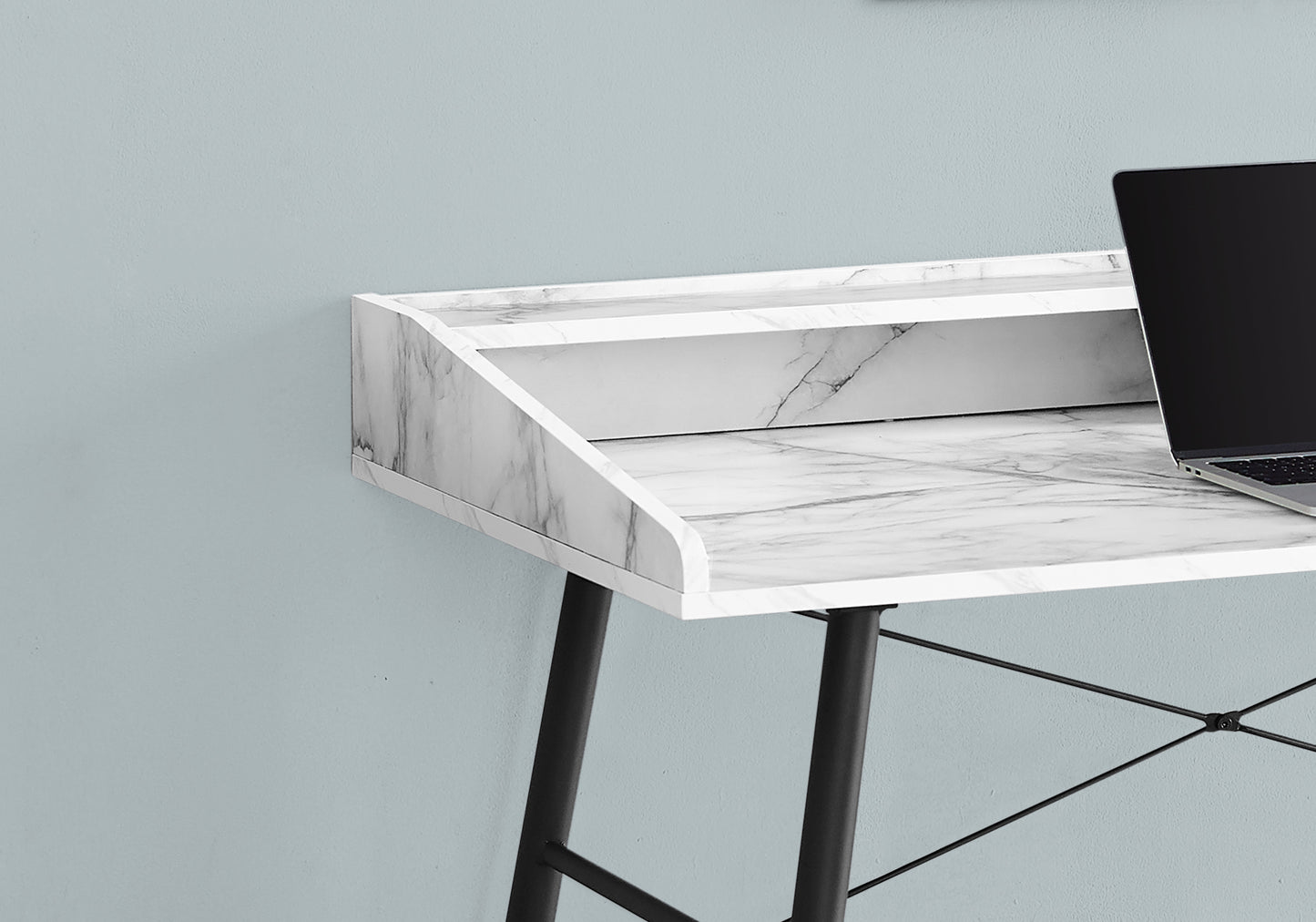 Computer Desk, Home Office, Laptop, Storage Shelves, 48"l, Work, White Marble Look Laminate, Black Metal, Contemporary, Modern