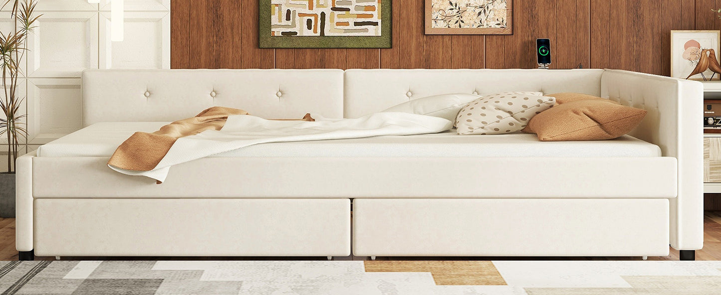 Full Size Upholstered Platform Bed with USB and 2 Drawers, Beige