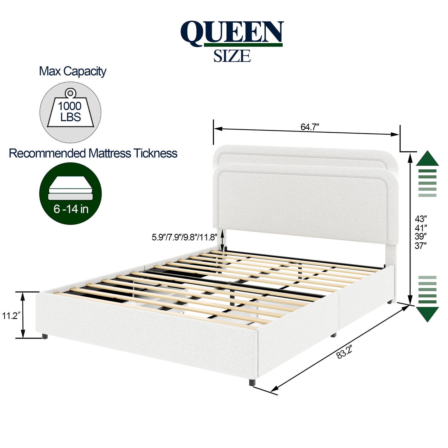 Liv Patented 2-Drawers Storage Bed Queen Size Ivory Boucle Upholstered Platform Bed, Curved Stitched Tufted Headboard, Wooden Slat Mattress Support, No Box Spring Needed
