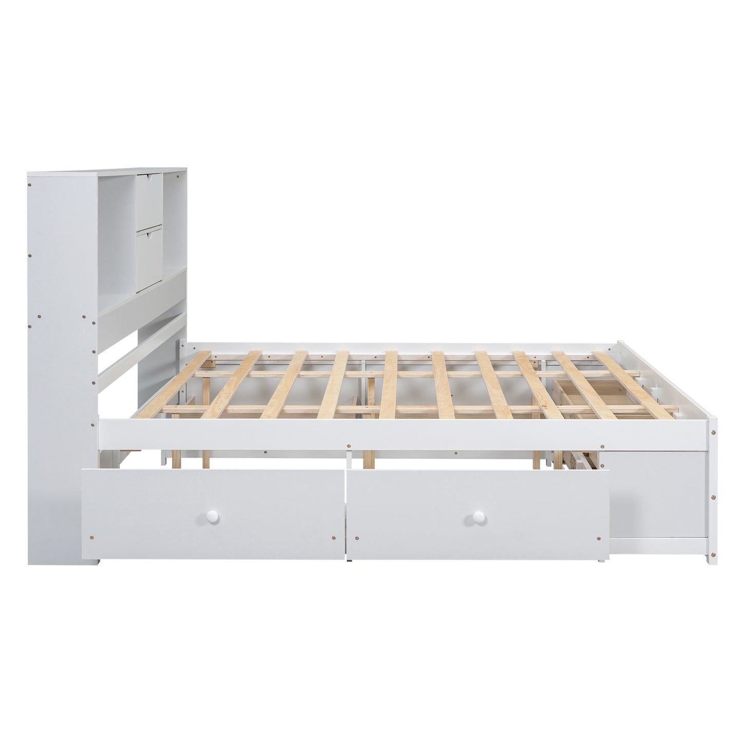 King Size Platform Bed with Storage Headboard and 8 Drawers, White