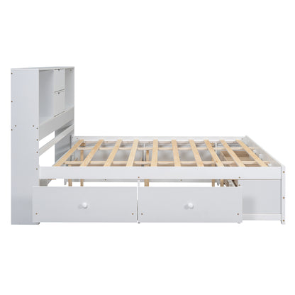 King Size Platform Bed with Storage Headboard and 8 Drawers, White