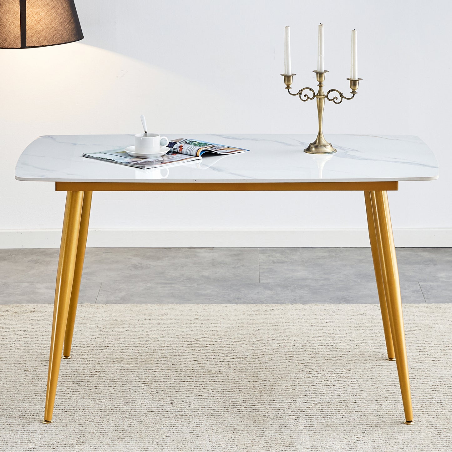 Modern minimalist dining table. White imitation marble patterned stone burning tabletop with golden metal legs. 50 "* 30" * 30 "F-001