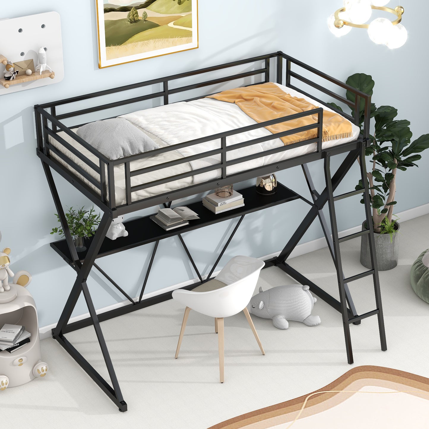 Twin Size Loft Bed with Desk, Ladder and Full-Length Guardrails, X-Shaped Frame, Black(Old SKU: MF297073AAB)