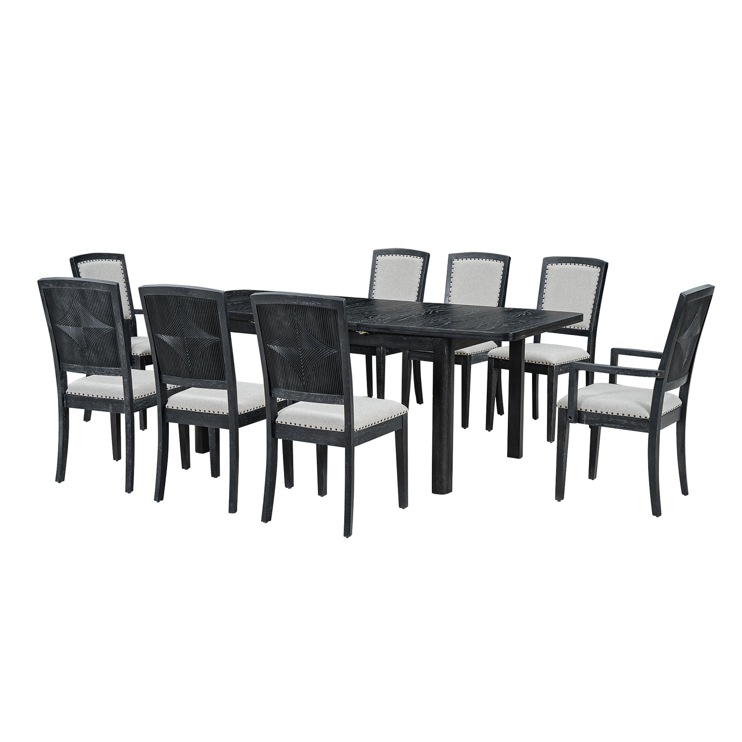 TOPMAX Rustic Extendable 84inch Dining Table Set with 24inch Removable Leaf , 6 Upholstered Armless Dining Chairs and 2 Padded Arm Chairs, 9 Pieces, Black