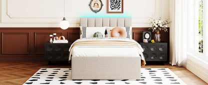 Teddy Fleece Twin Size Upholstered Platform Bed with Trundle, Beige