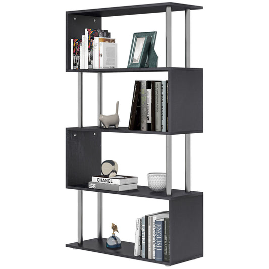 Modern S-Shaped 5 Tier Room Dividing Bookcase Wooden Storage Display Stand Shelf - Black