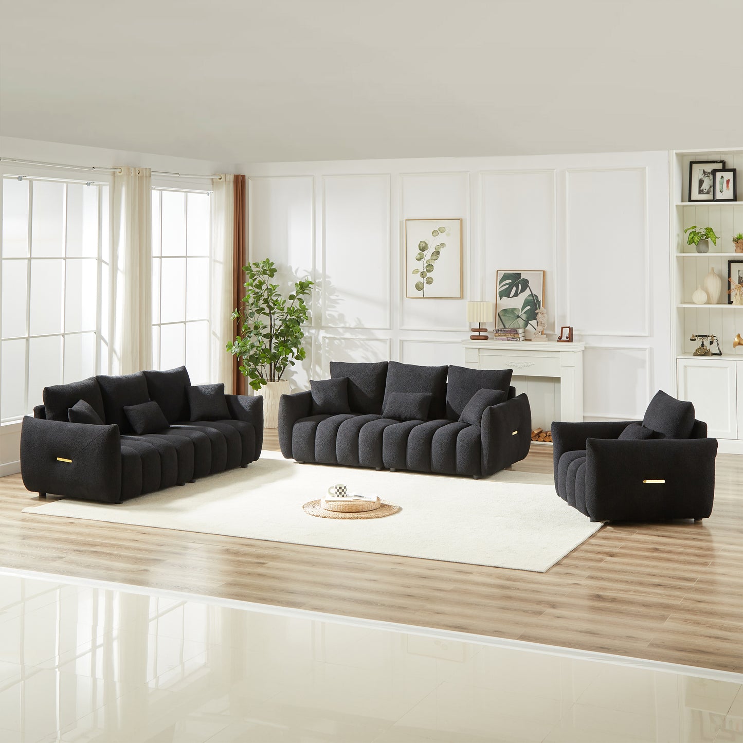 1 Seater + 3 Seater + 3 Seater,  Combo Sofa Modern Living Room Sofa, Teddy Sofa, Wooden Frame, 7 Cushions, Apartment Sofa Furniture