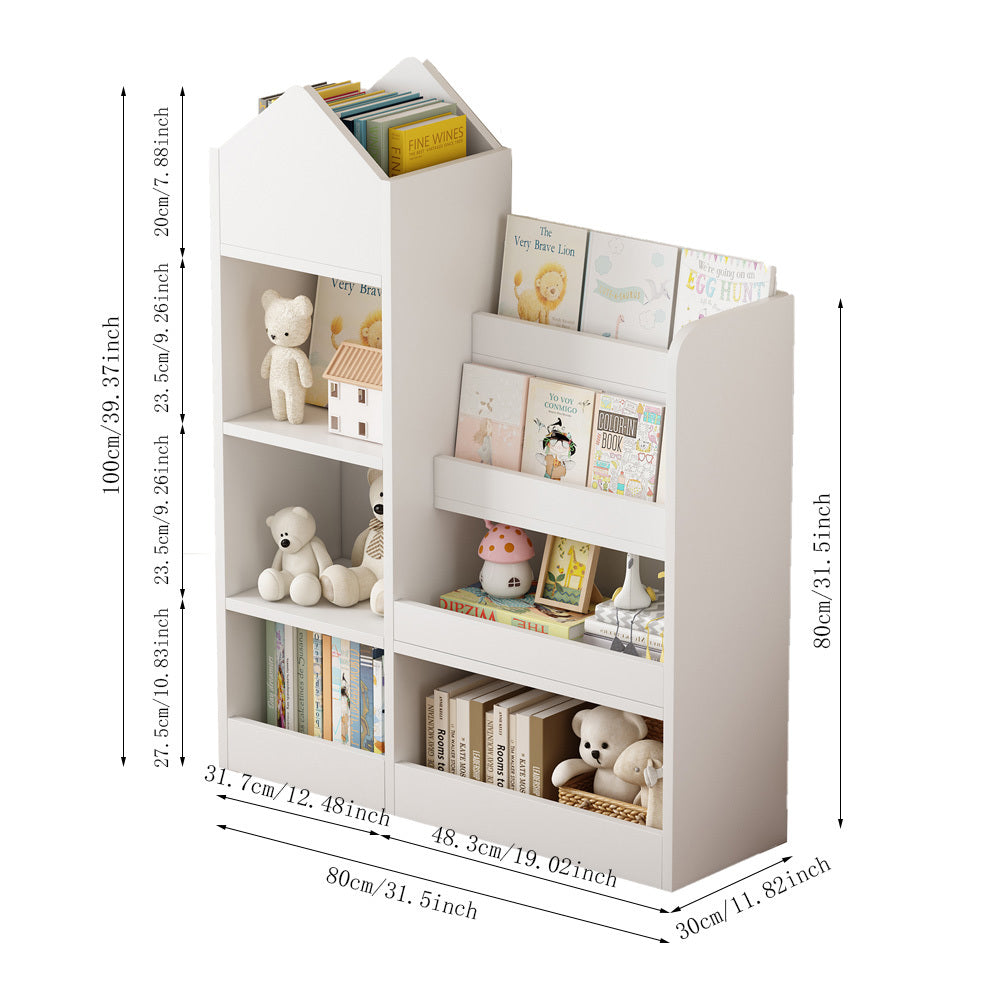 White Wooden Toy Storage Organizer Cabinet  Kids Bookshelf  Children Bookcase Toddler Baby Sling Book Rack Adjustable Shelf for Playroom Bedroom Nursery Hallway School Kindergarten Living Room