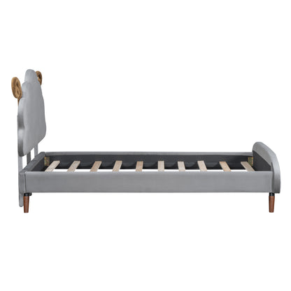 Twin Size Upholstered Platform Bed with Sheep-Shaped Headboard, Gray