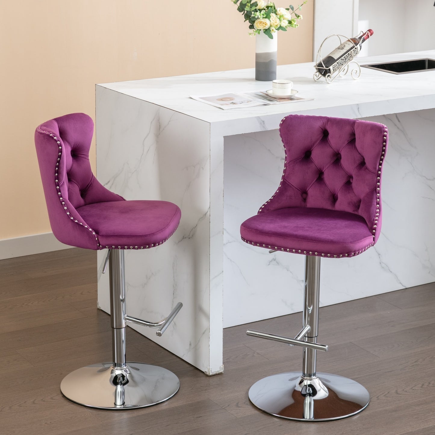 Swivel Velvet Barstools Adjusatble Seat Height from 25-33 Inch, Chrome base Bar Stools with Backs Comfortable Tufted for Home Pub and Kitchen Island, Purple,Set of 2,1712PP