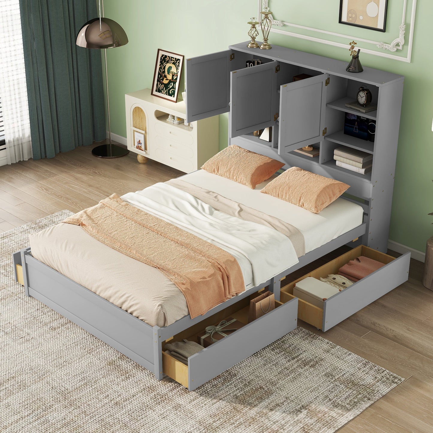 Queen Size Platform Bed with Storage Headboard and 4 Drawers, Gray