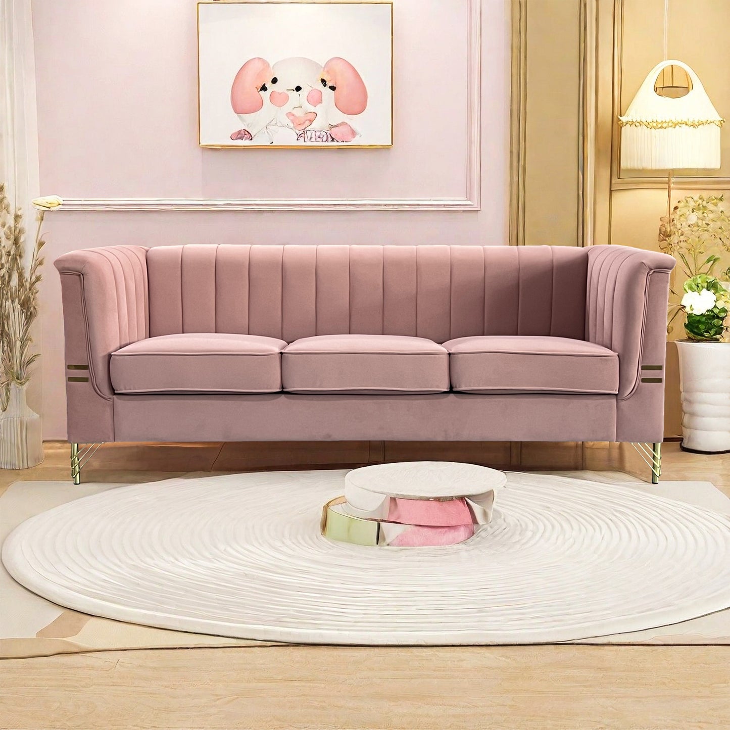 FX-P82-PK(SOFA)-Modern Designs Velvet Upholstered Living Room Sofa, 3 Seat Sofa Couch with  Golden Metal Legs for Home, Apartment or Office  Pink SOFA