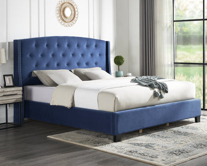 Summit Fabric Button Tufted Wingback Upholstered Bed with Nail Head Trim, Blue