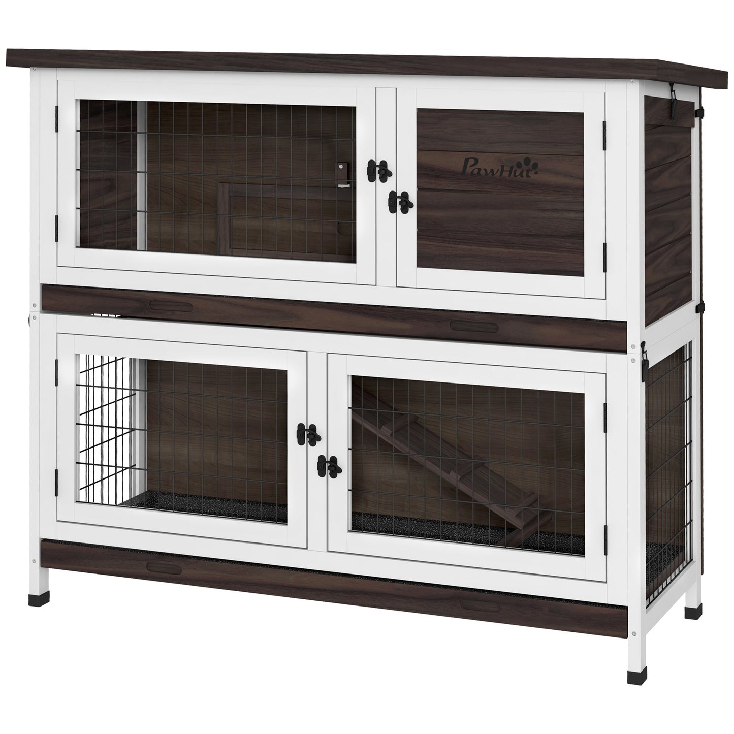 PawHut Rabbit Hutch, Outdoor 2-Tier Rabbit Cage, 46" Wooden Guinea Pig Cage with Double Removable Trays, Ramp, Asphalt Roof for 1-2 Rabbits, No Screws Easy Installation, Brown