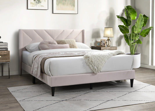 Elegant Modern Light Pink Velvet Upholstered Queen Size Bed Clean Lines Design Headboard 1pc Bedframe