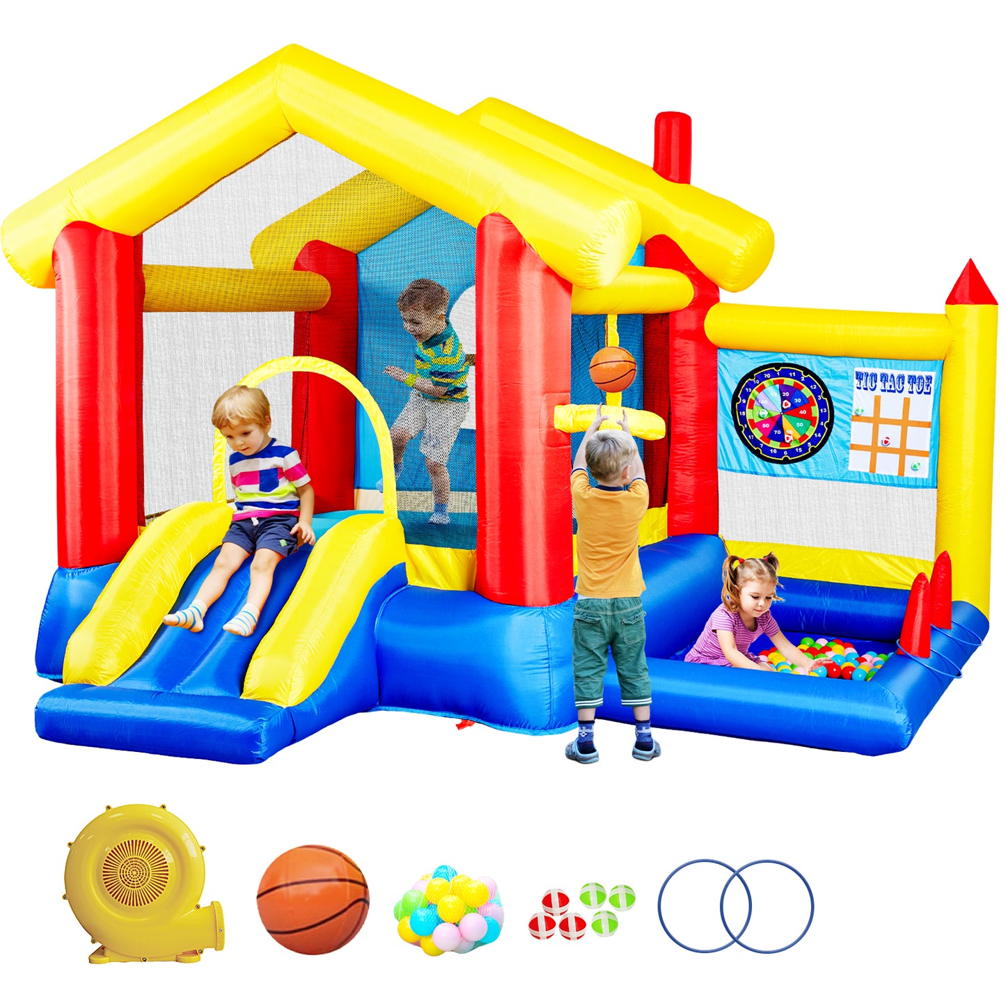 8 in 1 Inflatable Bounce House with Blower Basketball Hoop Ocean Balls Ring-toss Game Target  and Sticky Ball Game for Kids