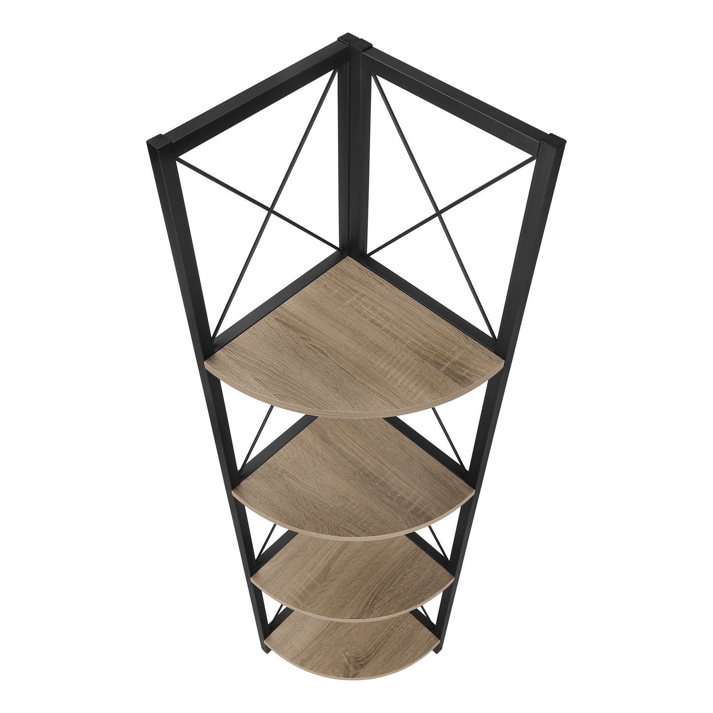 Bookshelf, Bookcase, Etagere, Corner, 4 Tier, 60"h, Office, Bedroom, Brown Laminate, Black Metal, Contemporary, Modern