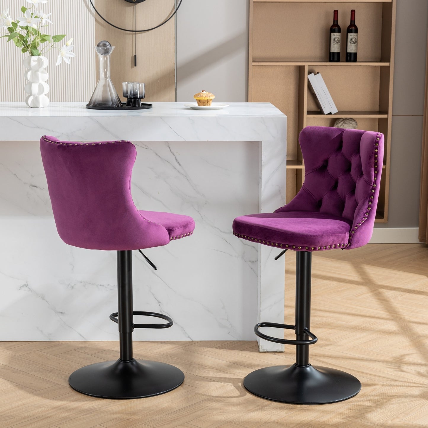 Swivel Velvet Barstools Adjusatble Seat Height from 25-33 Inch,17.7inch base, Modern Upholstered Bar Stools with Backs Comfortable Tufted for Home Pub and Kitchen Island,Purple,Set of 2,SW1812PP