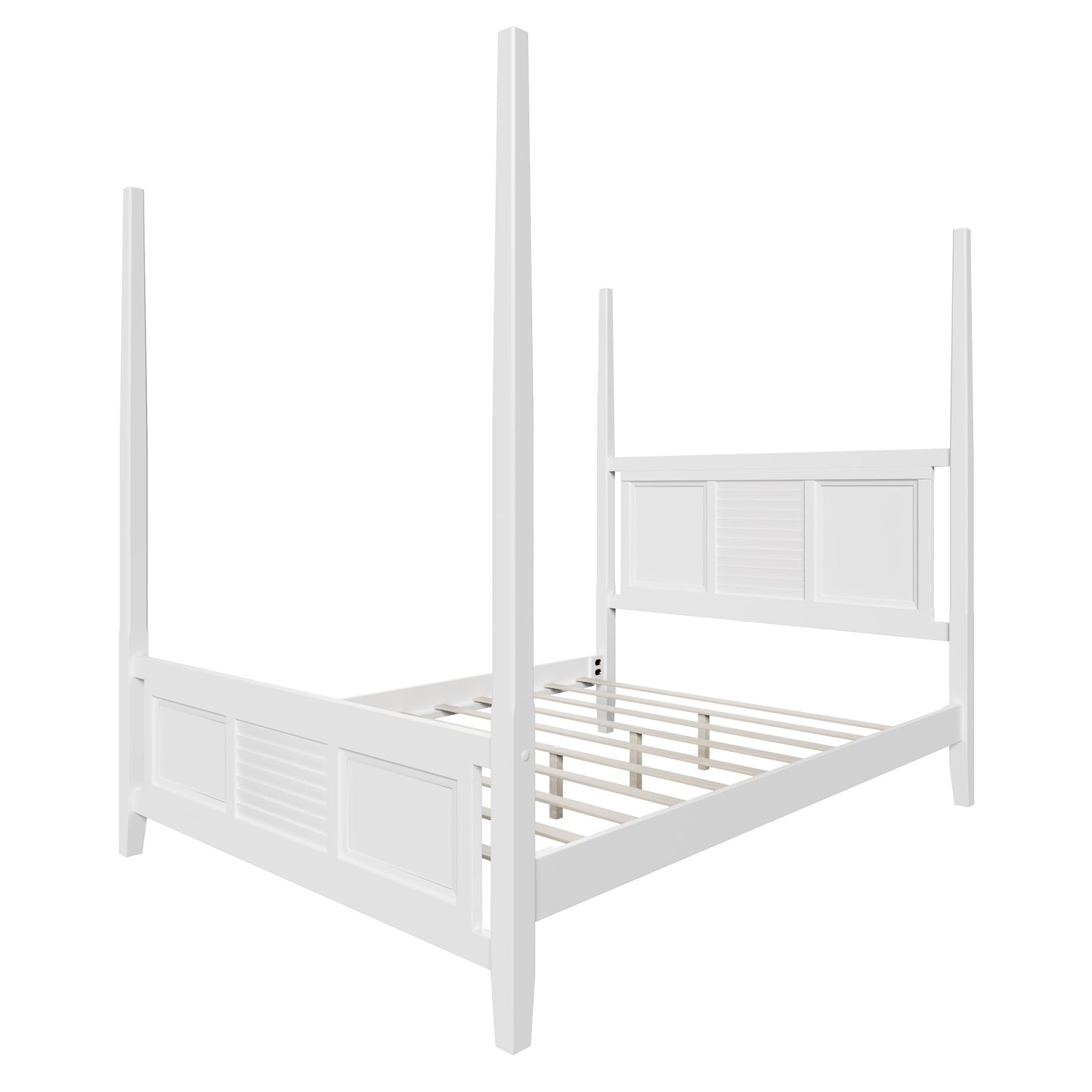 Traditional Queen Size Solid Wood Four Poster Bed with Horizontal Grille Design, White