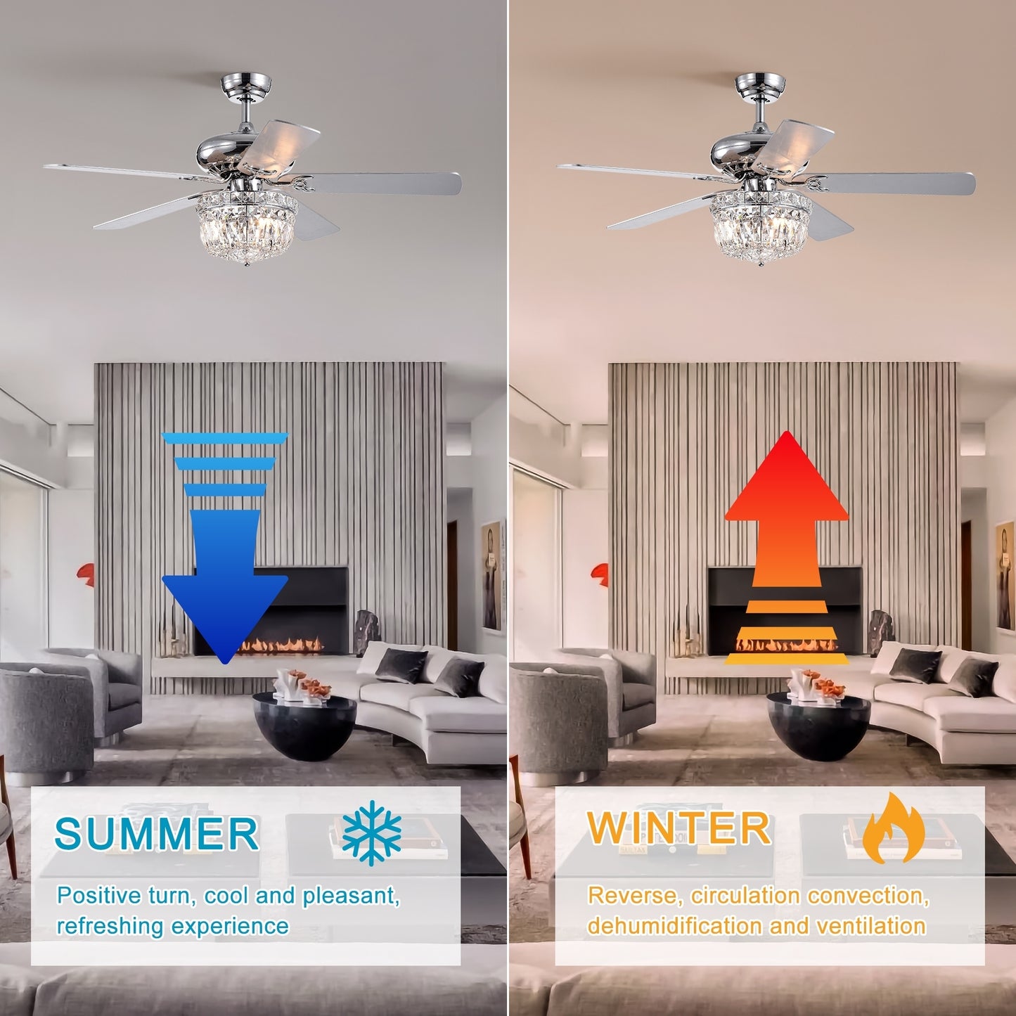 52 Inch Crystal Chandelier Fan  Dual Finish Reversible Blades, Fandelier,Ceiling Fan With Remote Control 3 Speed (Low,Mid,High) for Living Room, Dining Room, Bedroom, Family Room, Chrome